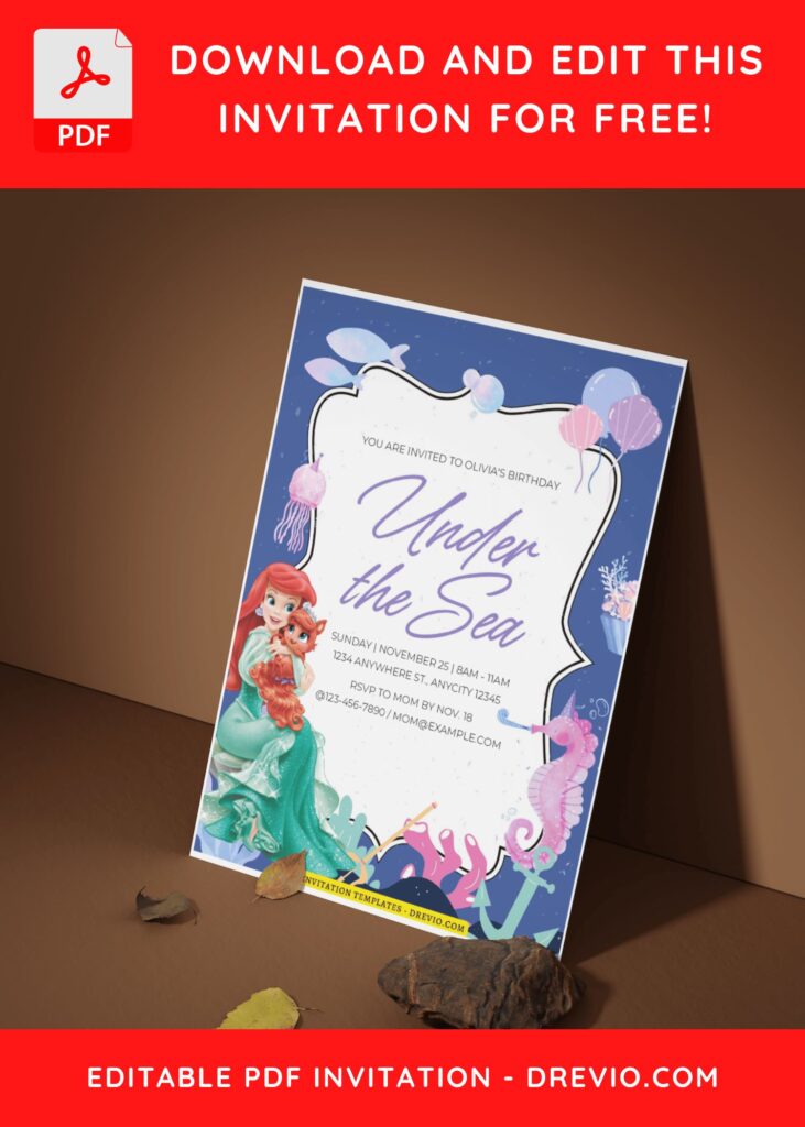 (Free Editable PDF) Sea Princess Ariel Birthday Invitation Templates I
