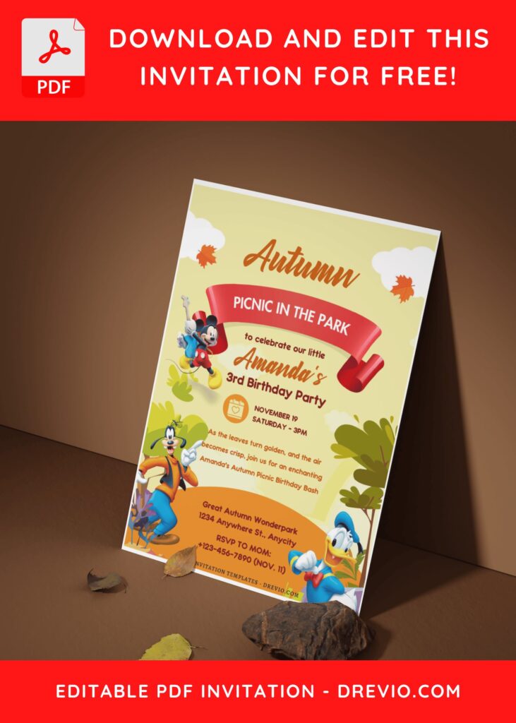 (Free Editable PDF) Mickey Mouse Autumn Wonderland Birthday Invitation Templates I