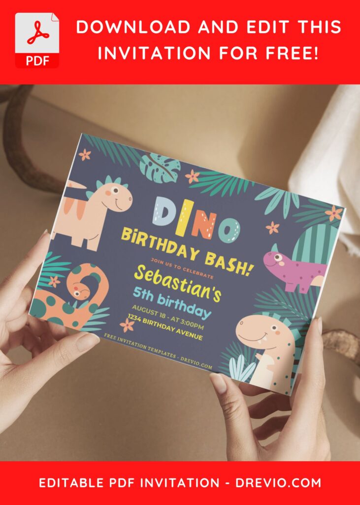 (Free Editable PDF) Colorful Dino Birthday Bash Invitation Templates E