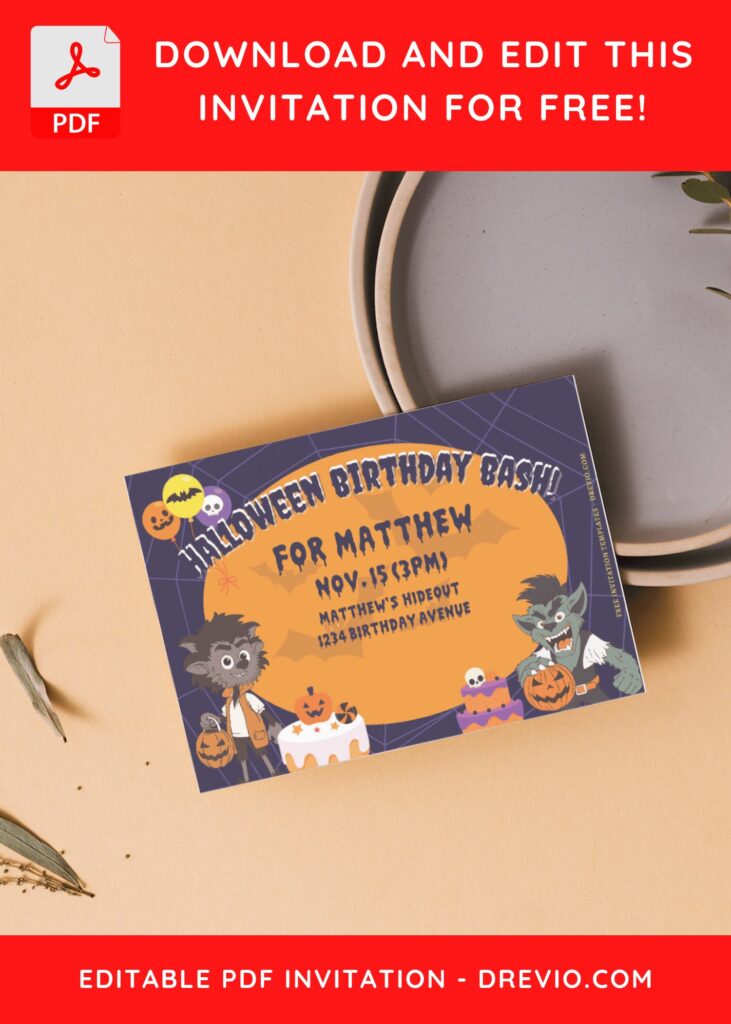 (Free Editable PDF) Werewolf Halloween Birthday Bash Invitation Templates F