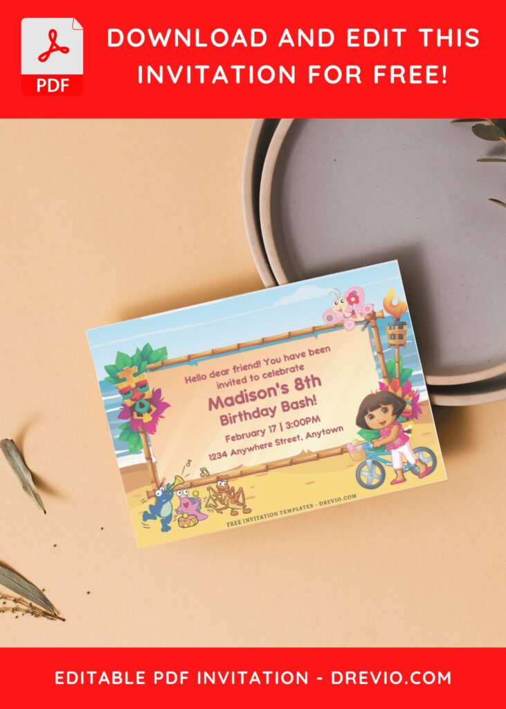 (Free Editable PDF) Dora The Explorer Summer Birthday Invitation Templates F