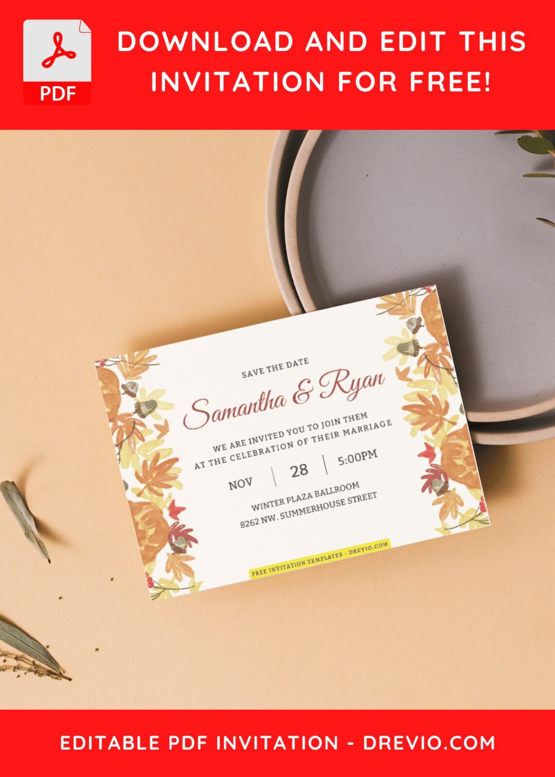 (Free Editable PDF) Timeless Autumn Charm Wedding Invitation Templates F