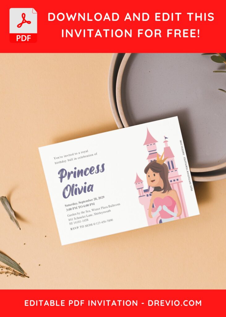 (Free Editable PDF) Simply Cute Princess Themed Birthday Invitation Templates J