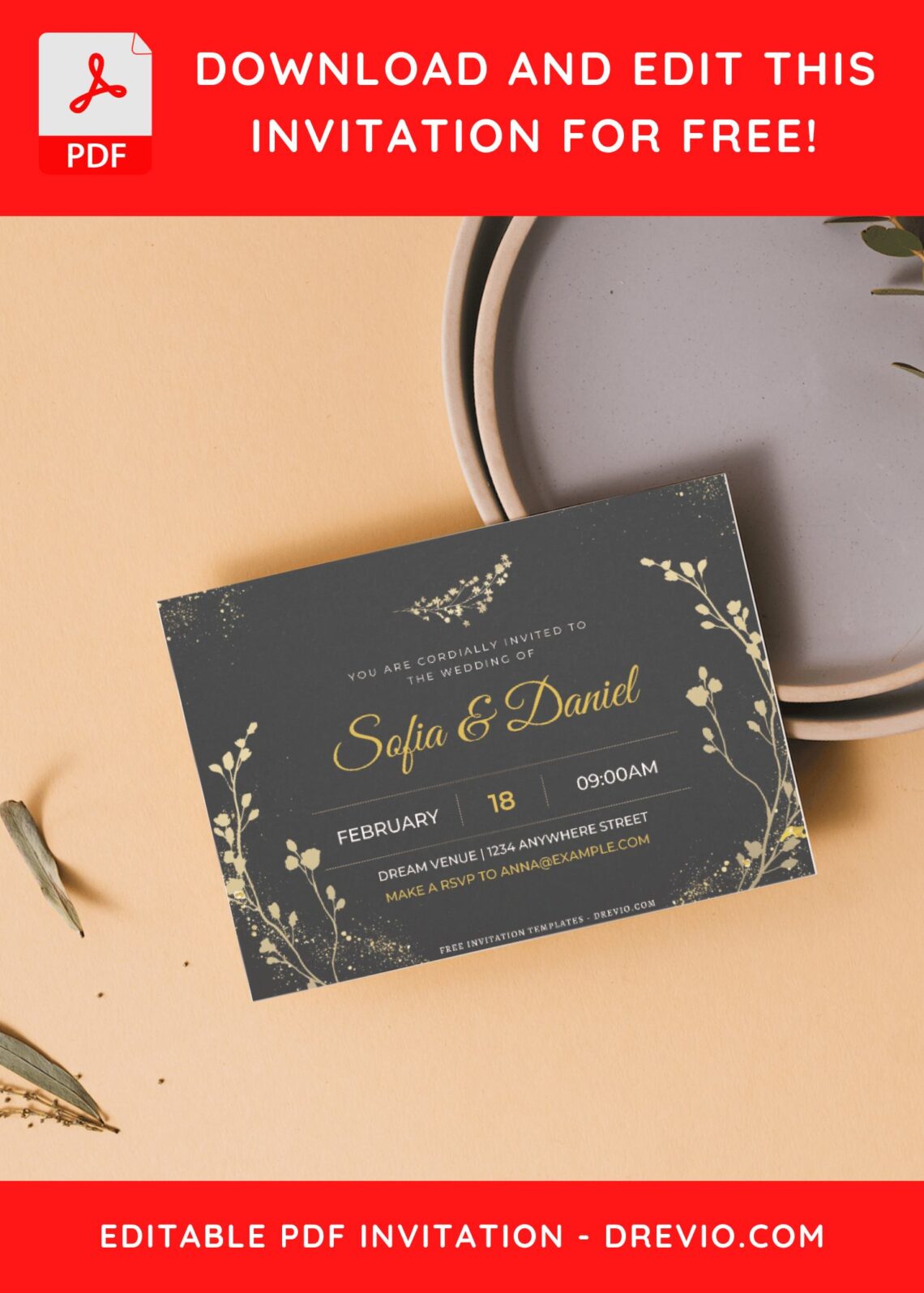 (Free Editable PDF) Golden Sparkle And Blooming Floral Wedding Invitation Templates J