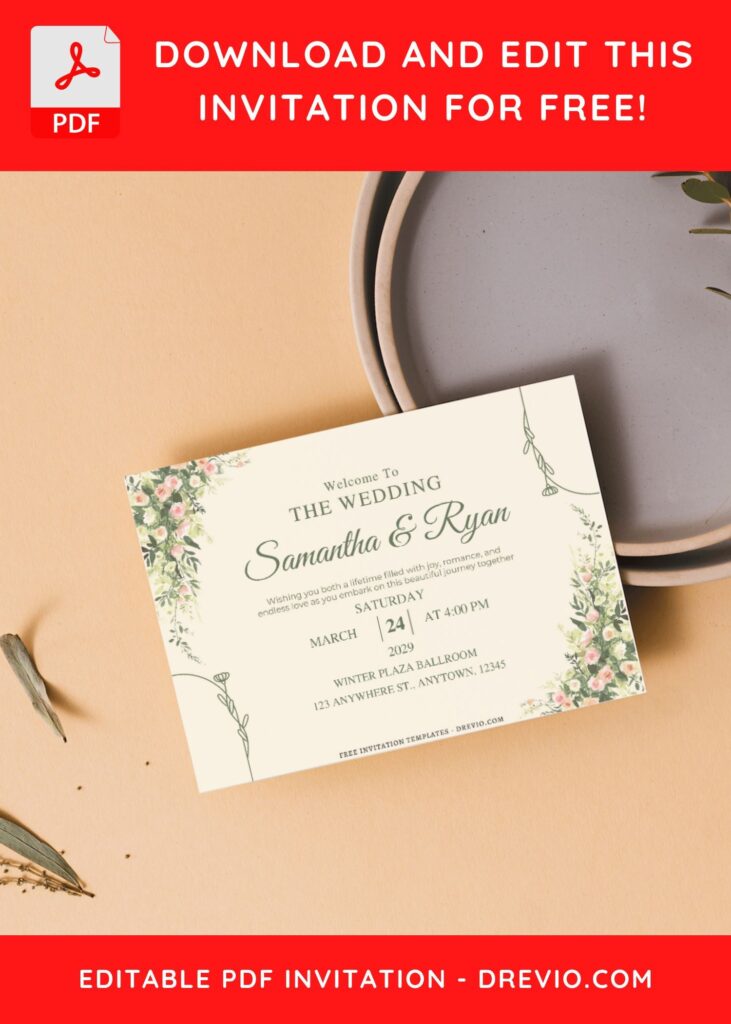 (Free Editable PDF) Floral Art Deco Wedding Invitation Templates J