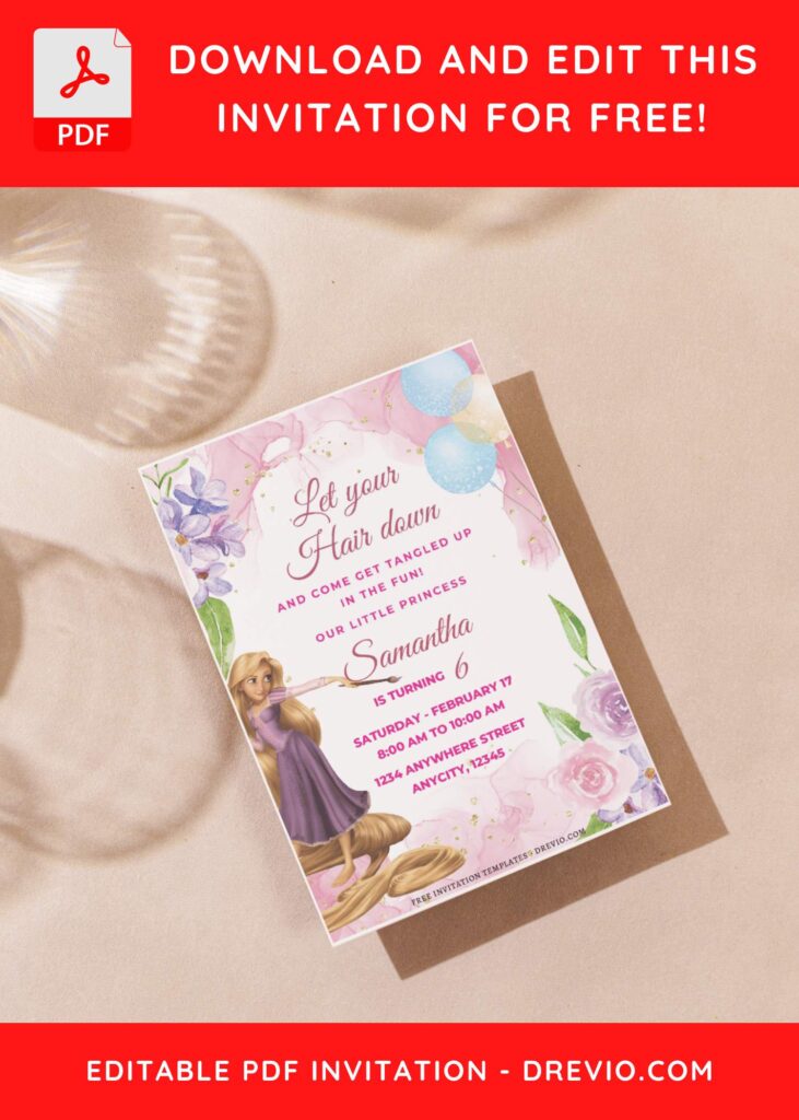 (Free Editable PDF) Dreamy Floral Rapunzel Birthday Invitation Templates J