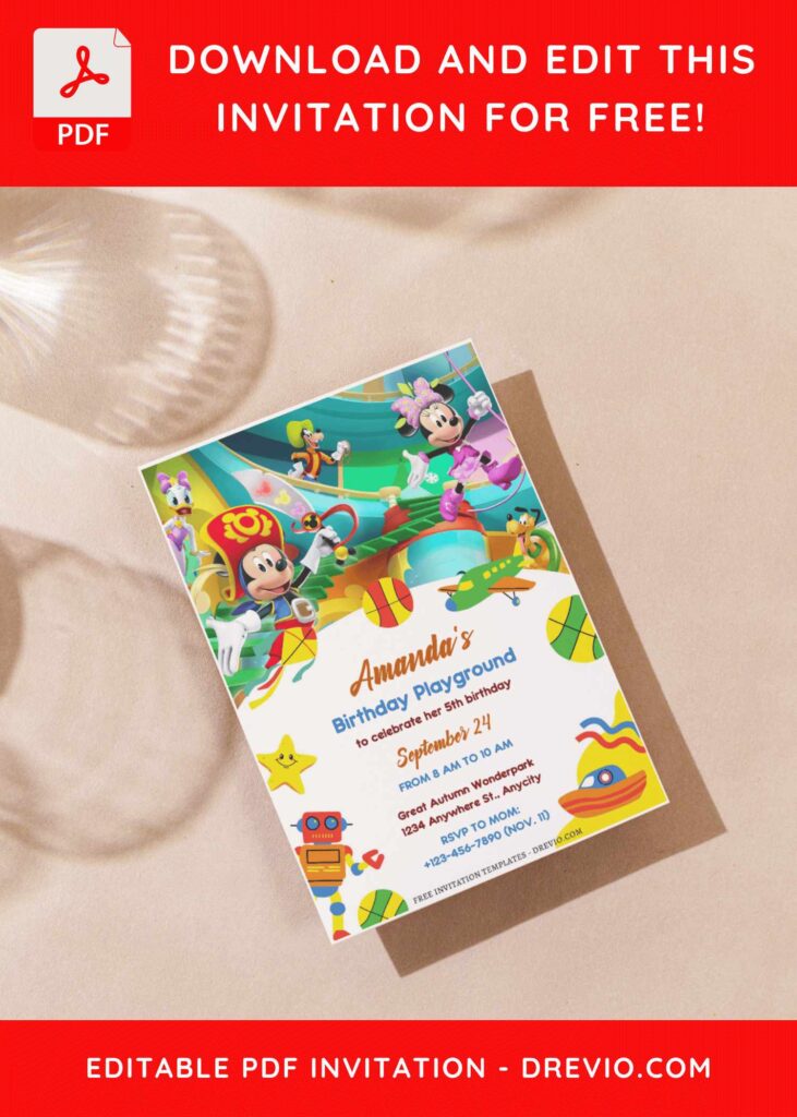 (Free Editable PDF) Playful Mickey Mouse And Friends Birthday Invitation Templates J
