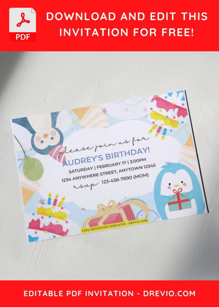 (Free Editable PDF) Colorful Penguin Birthday Invitation Templates G