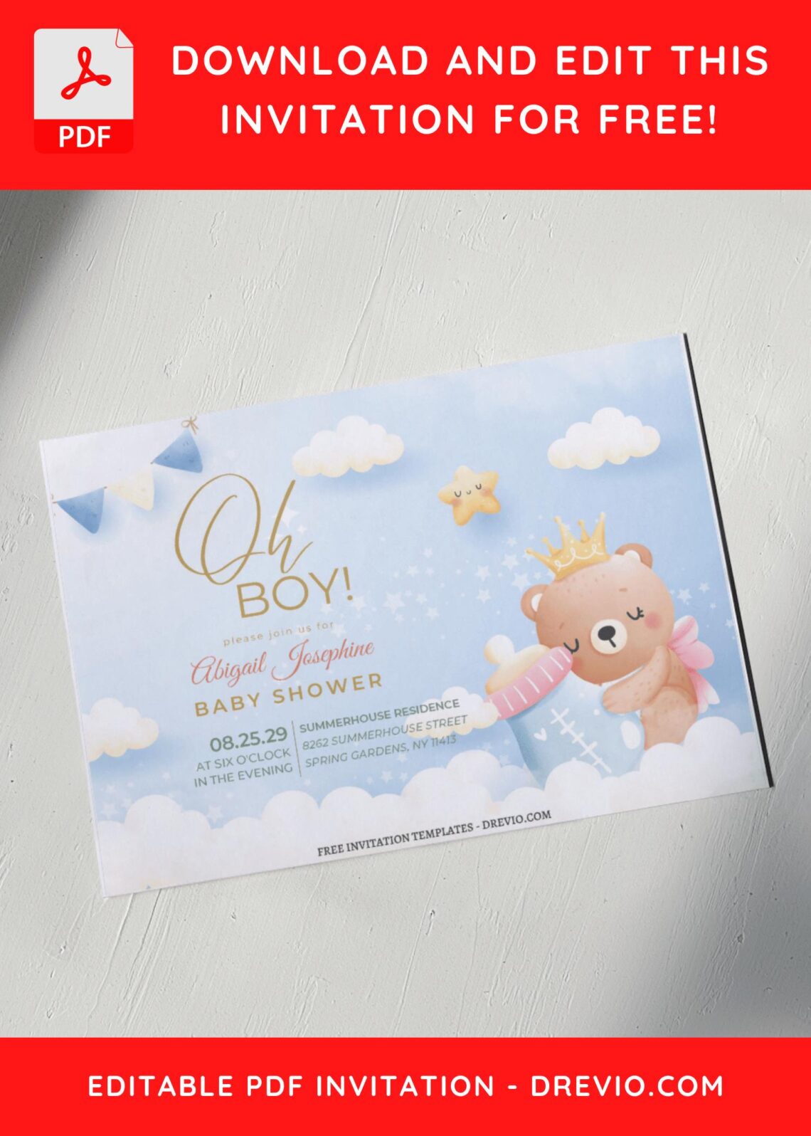 (Free Editable PDF) Cute Baby Bear's Journey Birthday Invitation Templates F