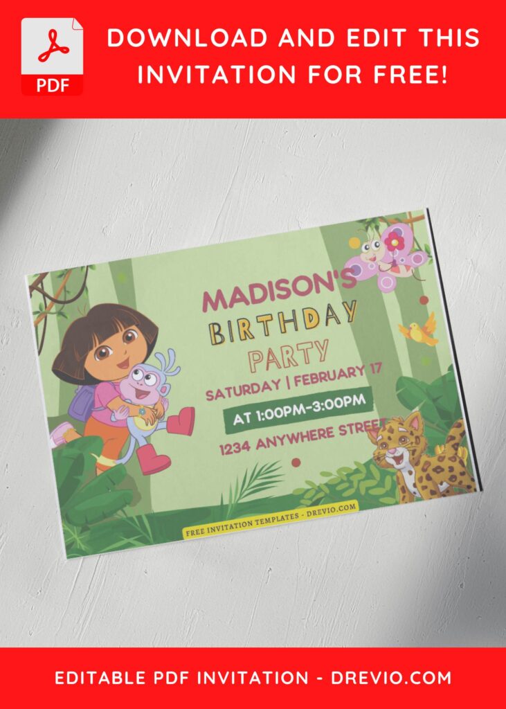 (Free Editable PDF) Dora Jungle Explorer Birthday Bash Invitation Templates G