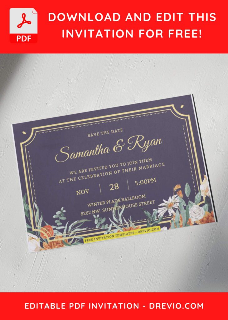 (Free Editable PDF) Elegant Classic Frame & Floral Wedding Invitation Templates A