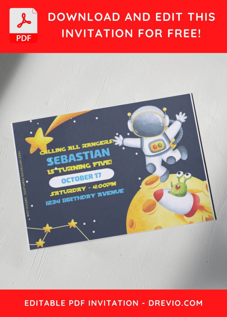 (Free Editable PDF) Adorable Watercolor Astronaut Birthday Invitation Templates F