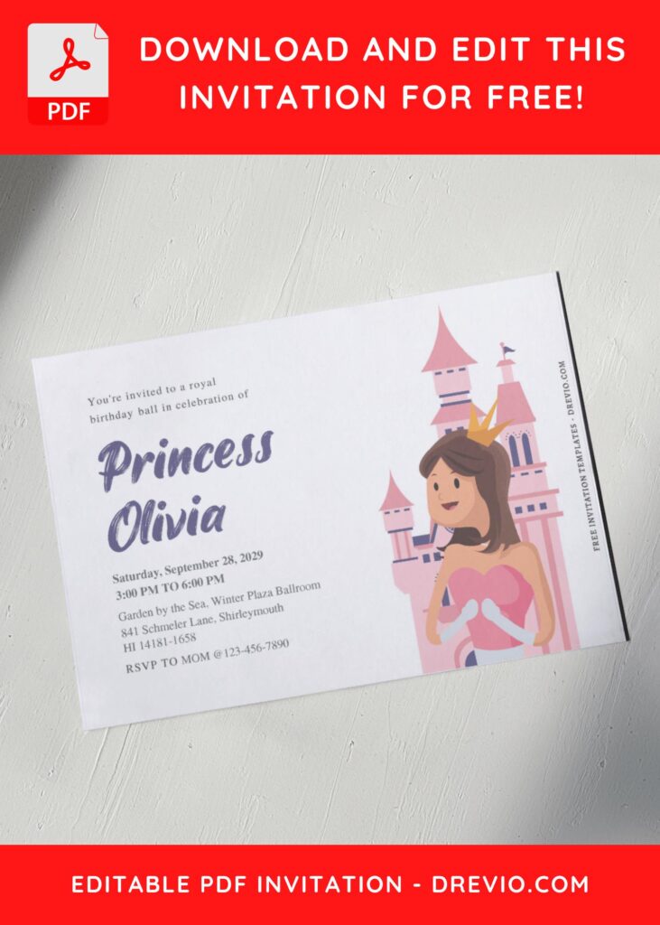 (Free Editable PDF) Simply Cute Princess Themed Birthday Invitation Templates A