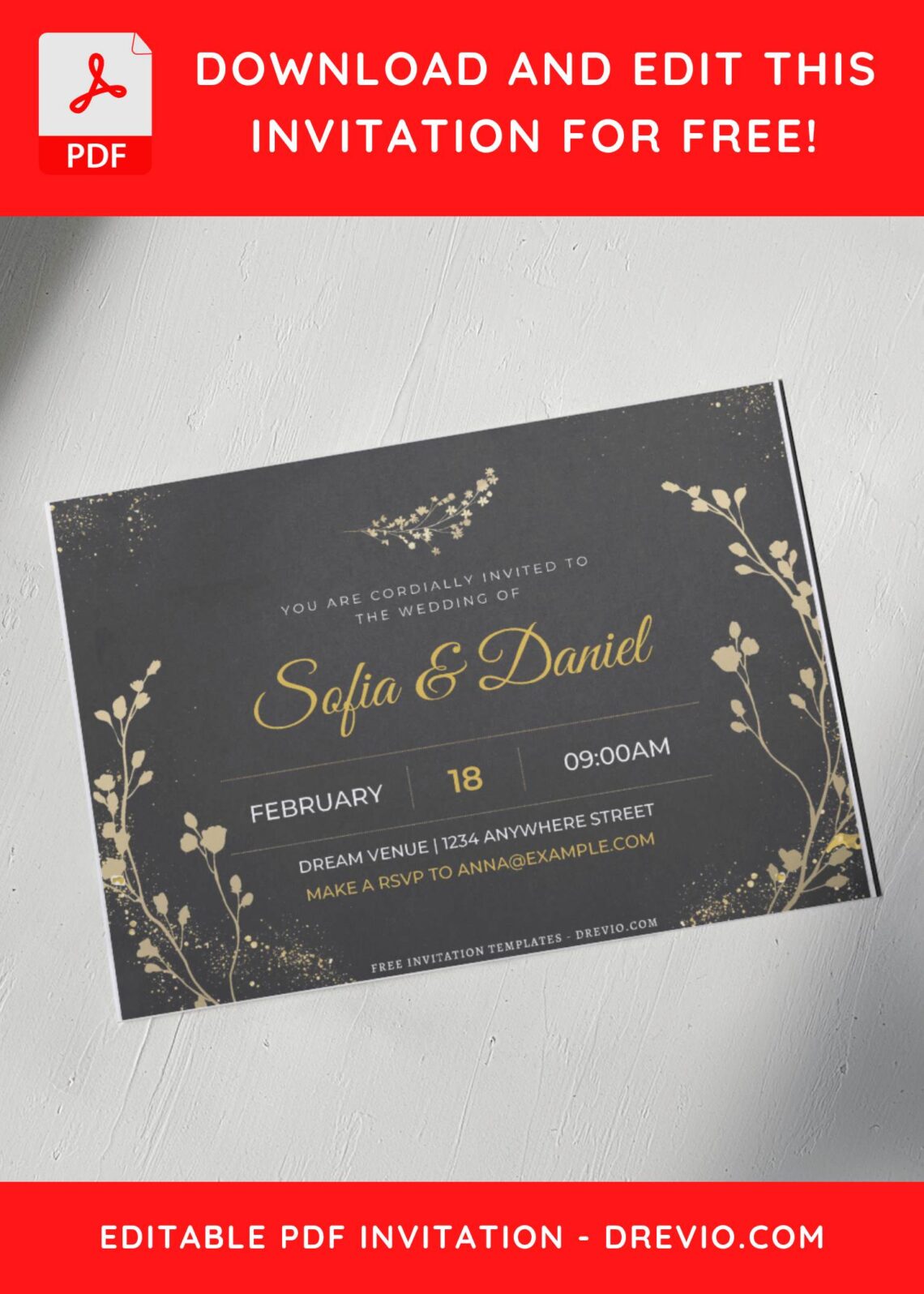 (Free Editable PDF) Golden Sparkle And Blooming Floral Wedding Invitation Templates F