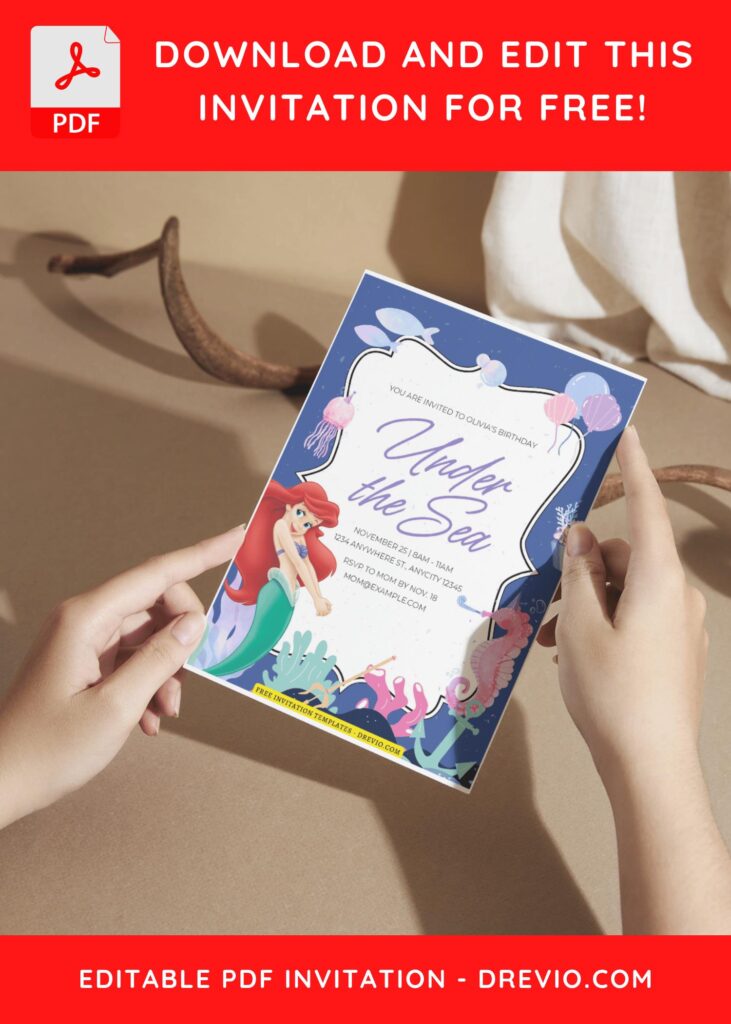 (Free Editable PDF) Sea Princess Ariel Birthday Invitation Templates A
