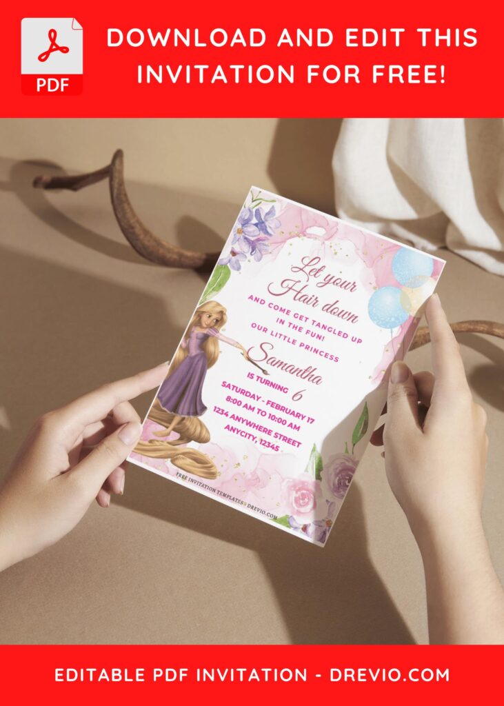 (Free Editable PDF) Dreamy Floral Rapunzel Birthday Invitation Templates A