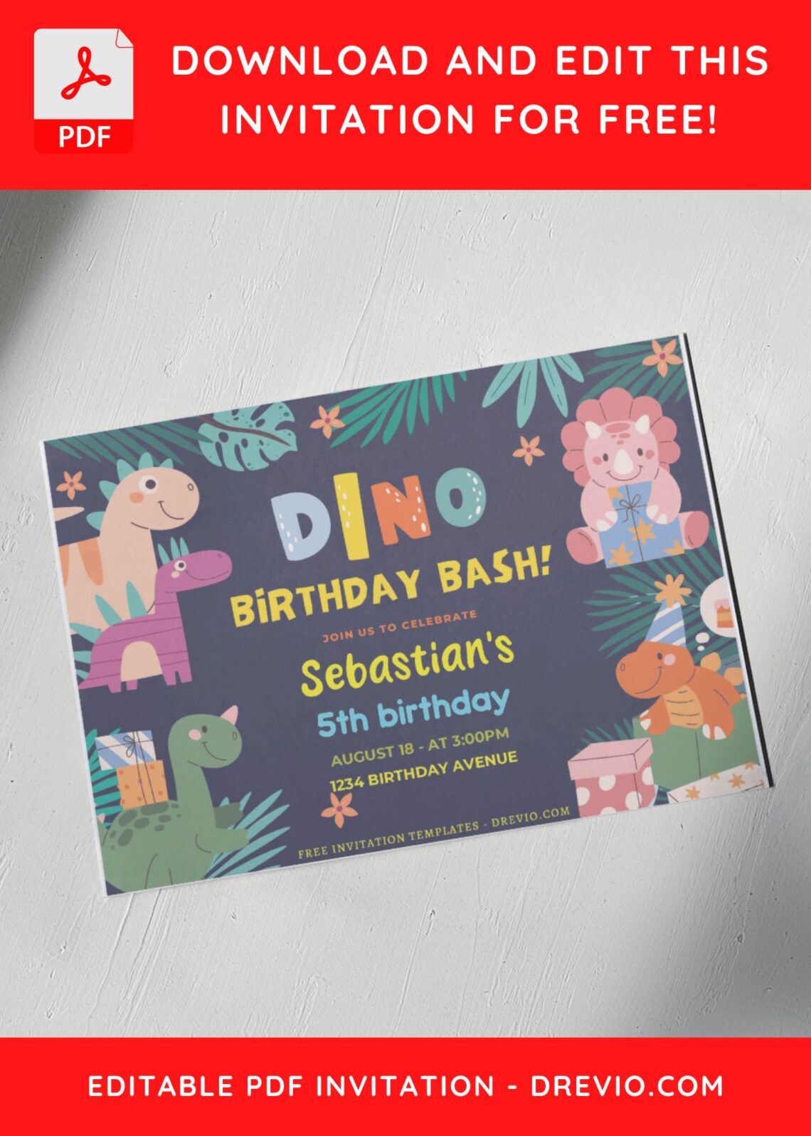 (Free Editable PDF) Colorful Dino Birthday Bash Invitation Templates G