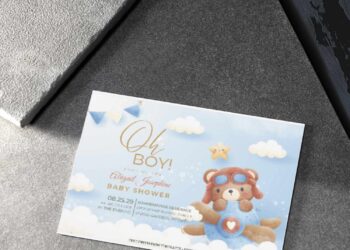 (Free Editable PDF) Cute Baby Bear's Journey Birthday Invitation Templates G