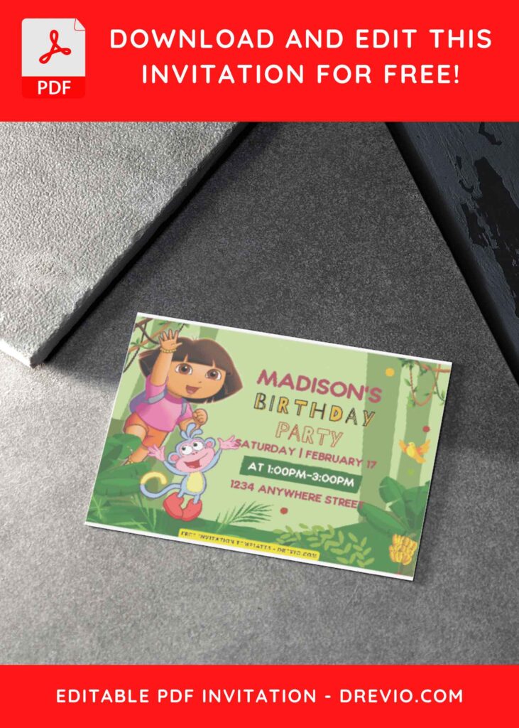 (Free Editable PDF) Dora Jungle Explorer Birthday Bash Invitation Templates H