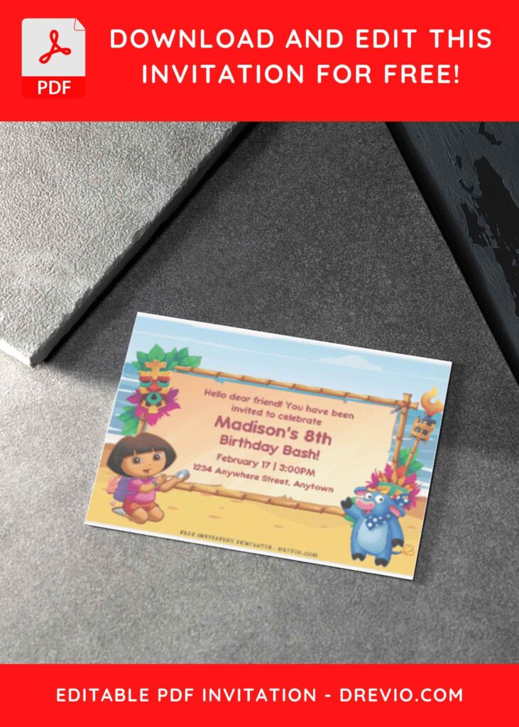 (Free Editable PDF) Dora The Explorer Summer Birthday Invitation Templates H