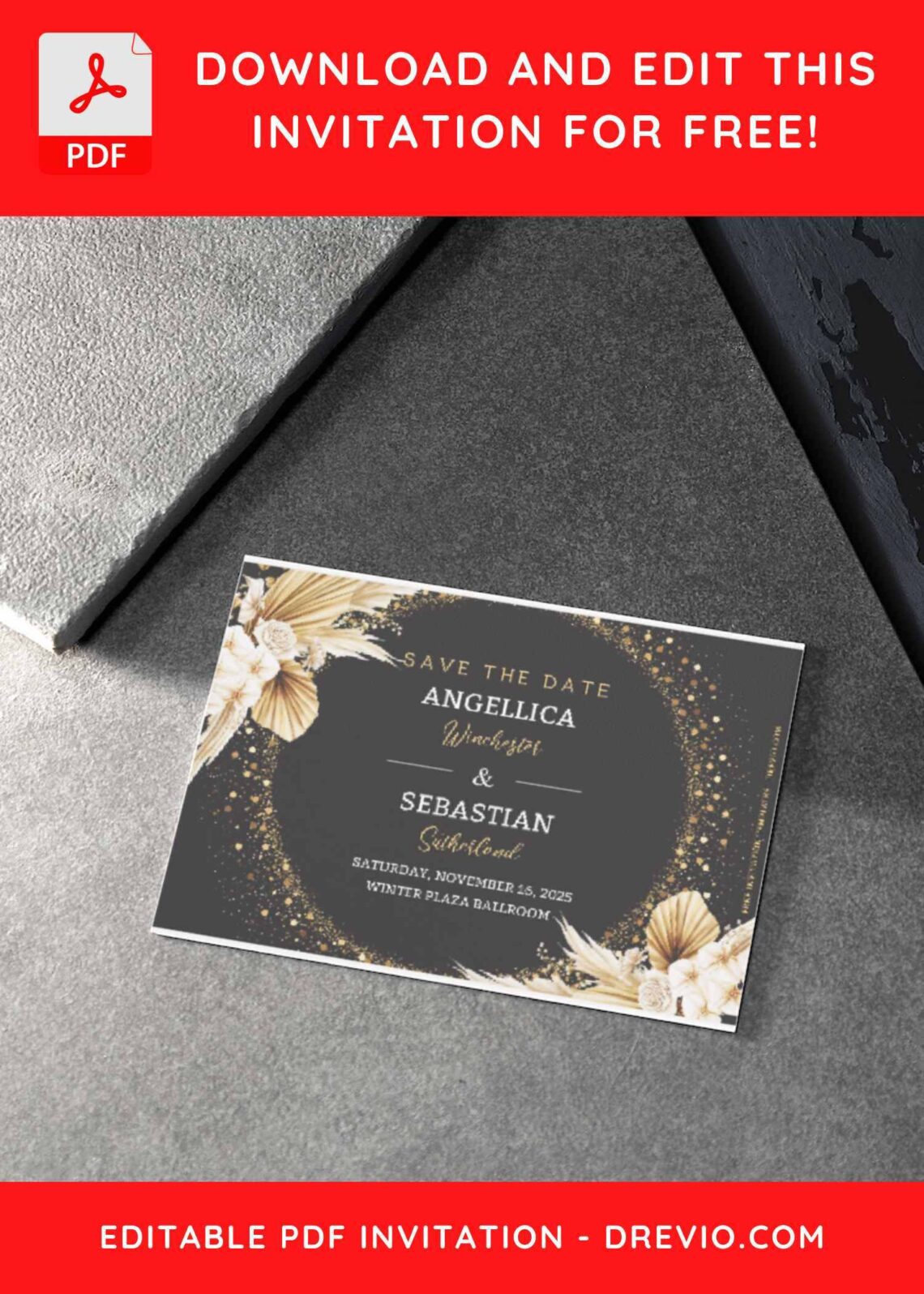 (Free Editable PDF) Glamour Gold And Bohemian Floral Wedding Invitation Templates H