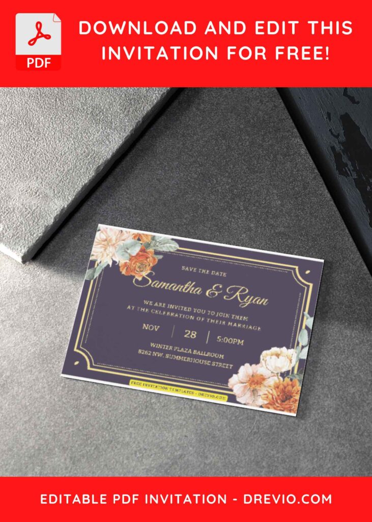 (Free Editable PDF) Elegant Classic Frame & Floral Wedding Invitation Templates B