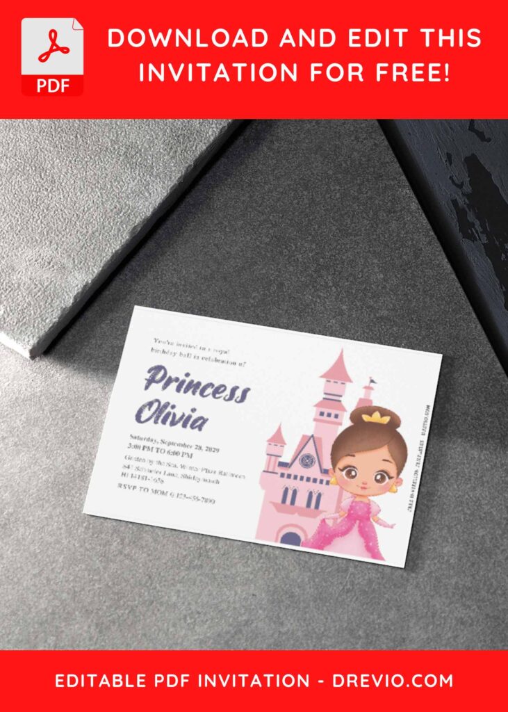 (Free Editable PDF) Simply Cute Princess Themed Birthday Invitation Templates B