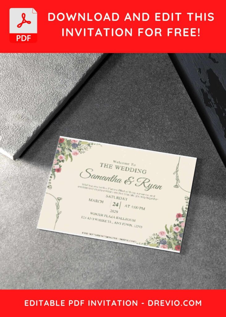 (Free Editable PDF) Floral Art Deco Wedding Invitation Templates B