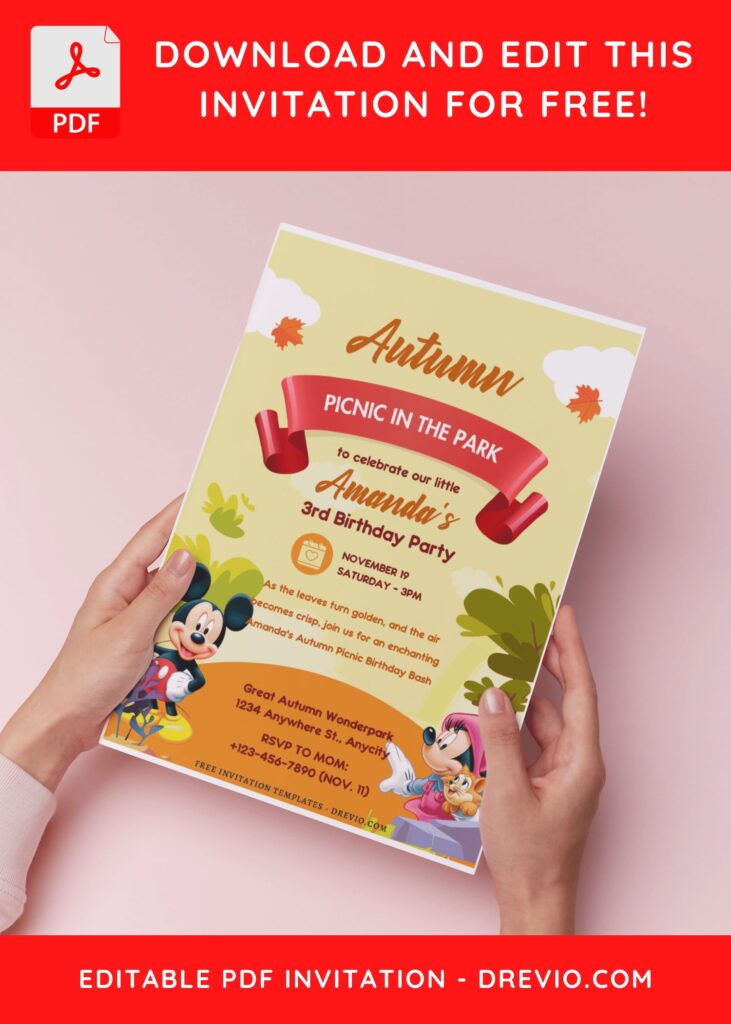 (Free Editable PDF) Mickey Mouse Autumn Wonderland Birthday Invitation Templates B