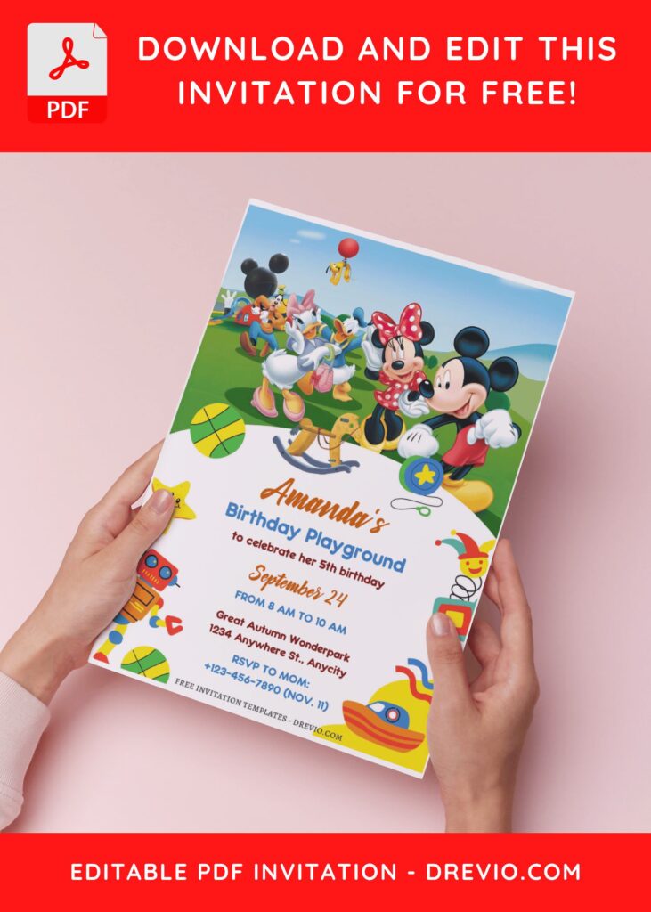 (Free Editable PDF) Playful Mickey Mouse And Friends Birthday Invitation Templates B