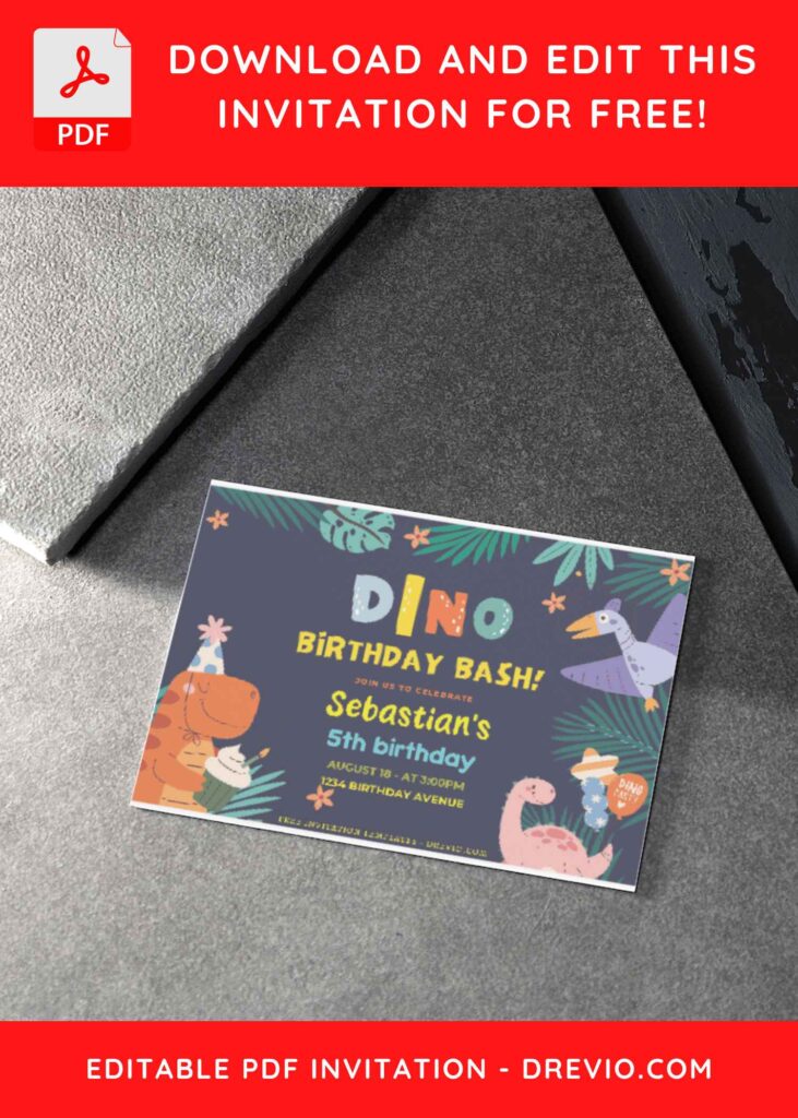 (Free Editable PDF) Colorful Dino Birthday Bash Invitation Templates H