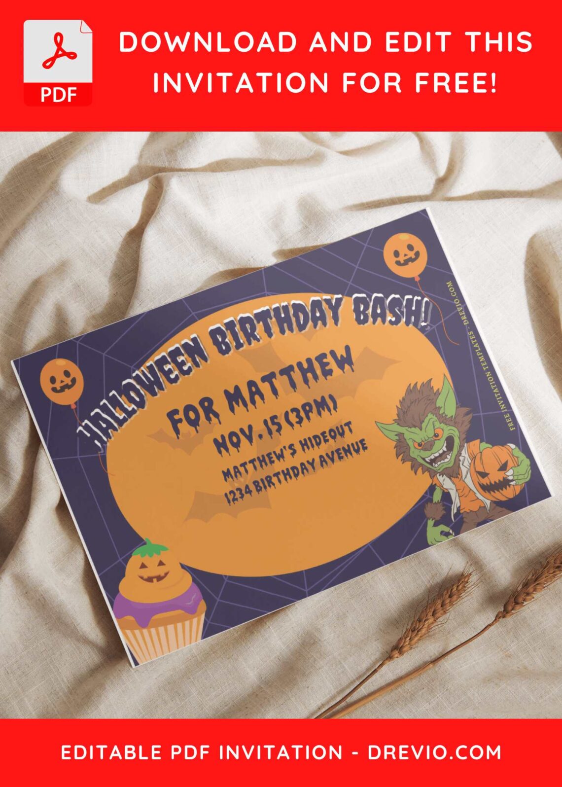 (Free Editable PDF) Werewolf Halloween Birthday Bash Invitation Templates I