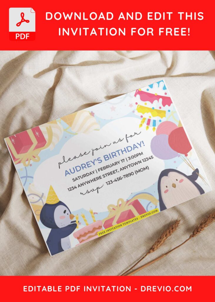 (Free Editable PDF) Colorful Penguin Birthday Invitation Templates I