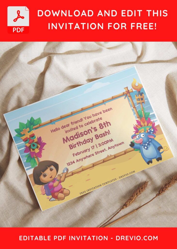 (Free Editable PDF) Dora The Explorer Summer Birthday Invitation Templates I