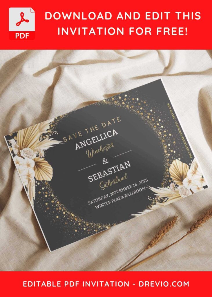 (Free Editable PDF) Glamour Gold And Bohemian Floral Wedding Invitation Templates I