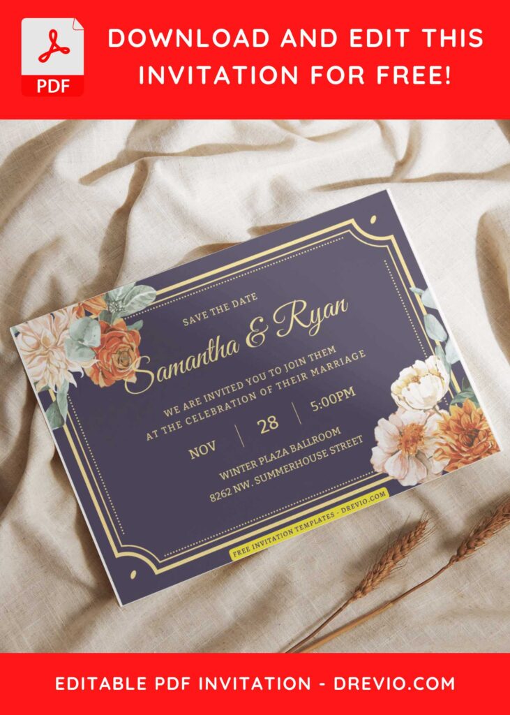 (Free Editable PDF) Elegant Classic Frame & Floral Wedding Invitation Templates C