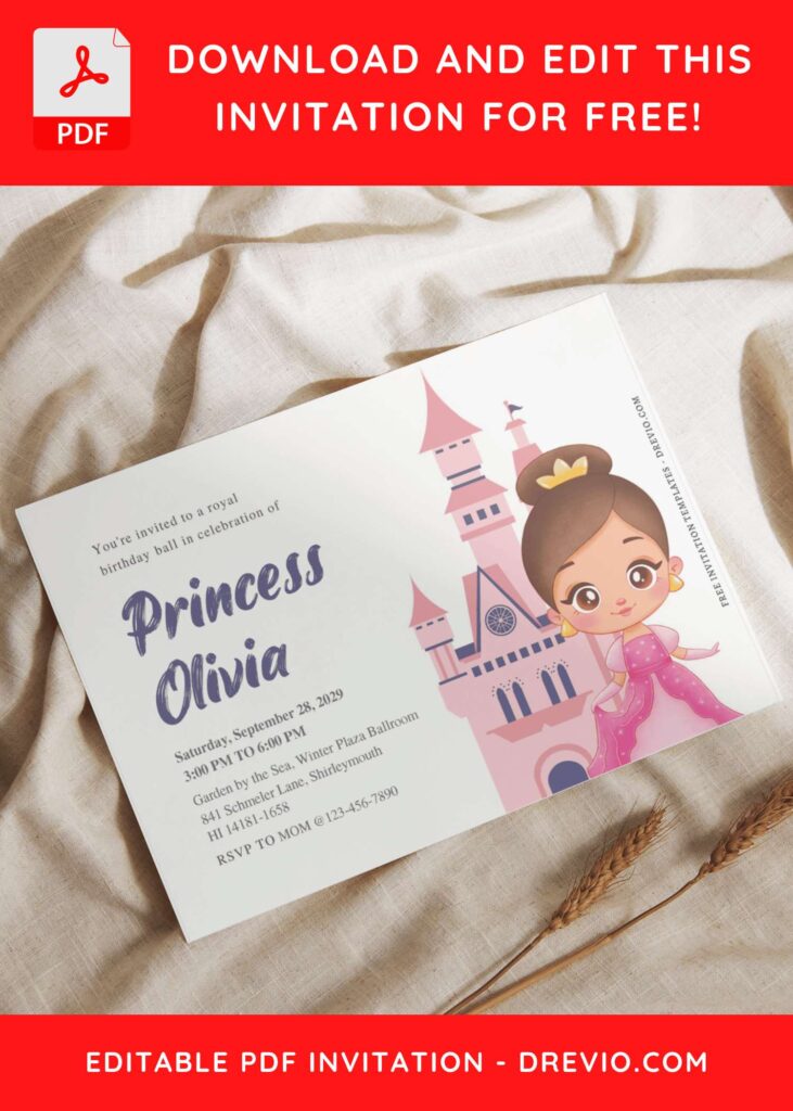 (Free Editable PDF) Simply Cute Princess Themed Birthday Invitation Templates C