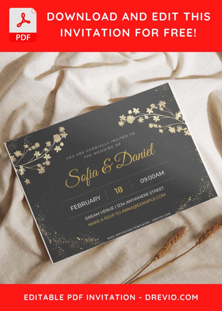 (Free Editable PDF) Golden Sparkle And Blooming Floral Wedding Invitation Templates H