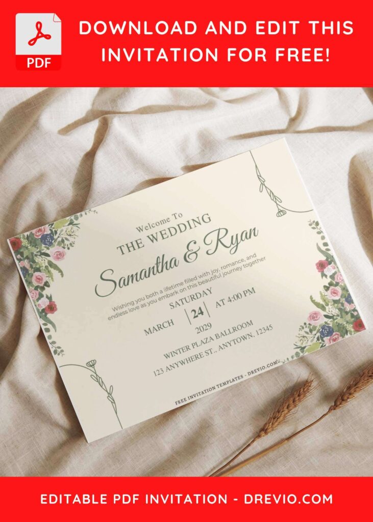 (Free Editable PDF) Floral Art Deco Wedding Invitation Templates C