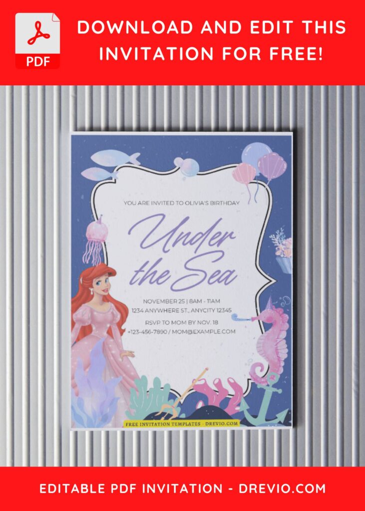 (Free Editable PDF) Sea Princess Ariel Birthday Invitation Templates C
