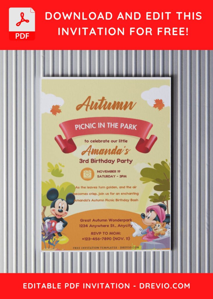 (Free Editable PDF) Mickey Mouse Autumn Wonderland Birthday Invitation Templates C