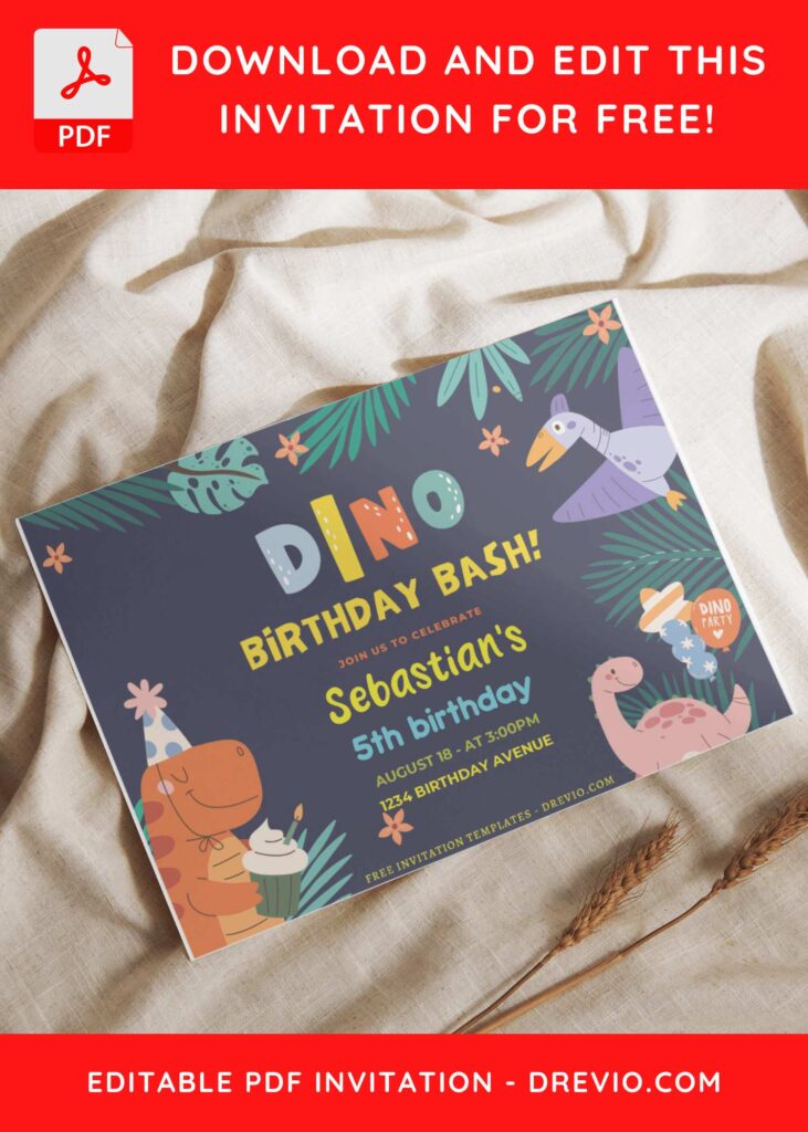 (Free Editable PDF) Colorful Dino Birthday Bash Invitation Templates I