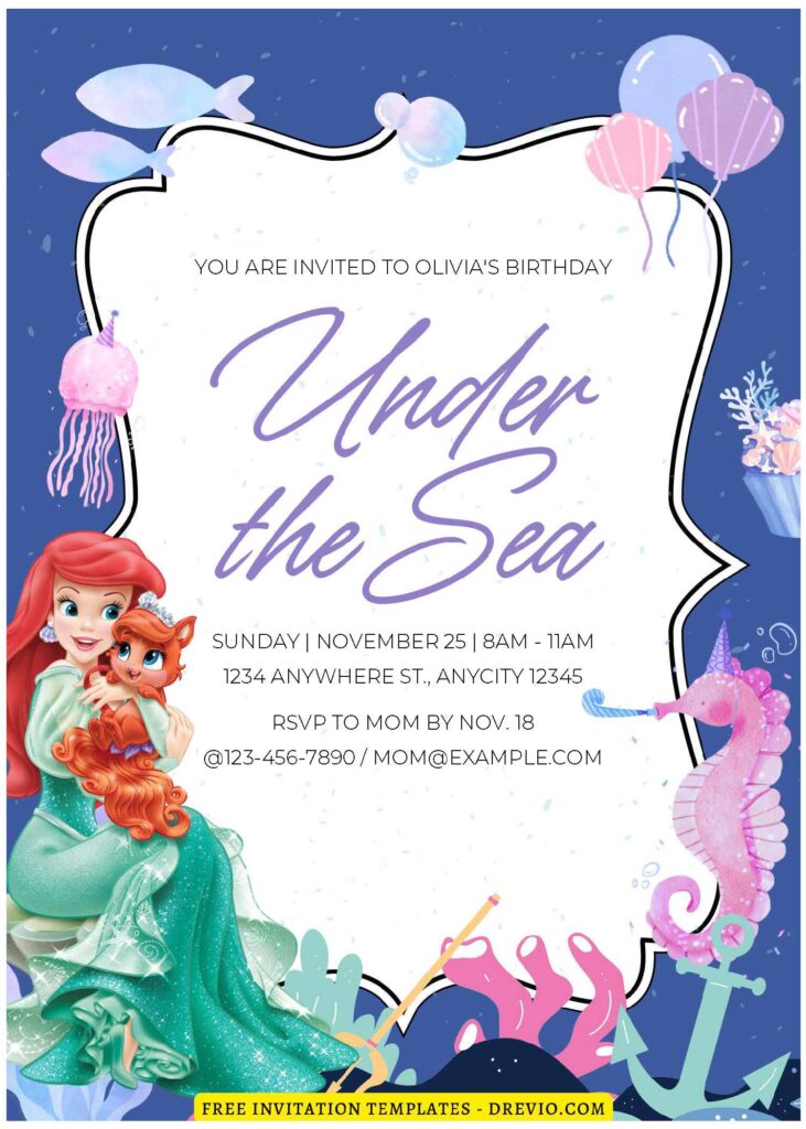 (Free Editable PDF) Sea Princess Ariel Birthday Invitation Templates D