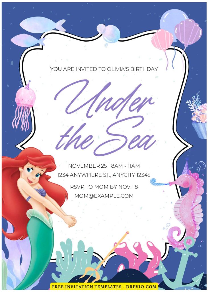 (Free Editable PDF) Sea Princess Ariel Birthday Invitation Templates E
