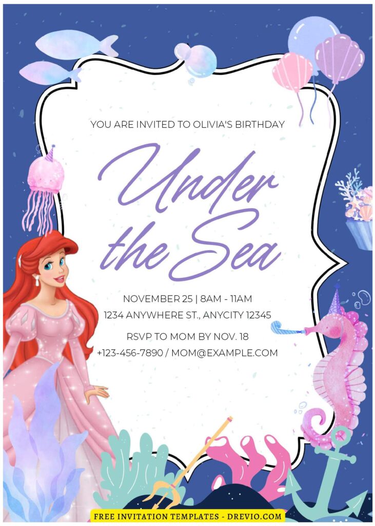 (Free Editable PDF) Sea Princess Ariel Birthday Invitation Templates F