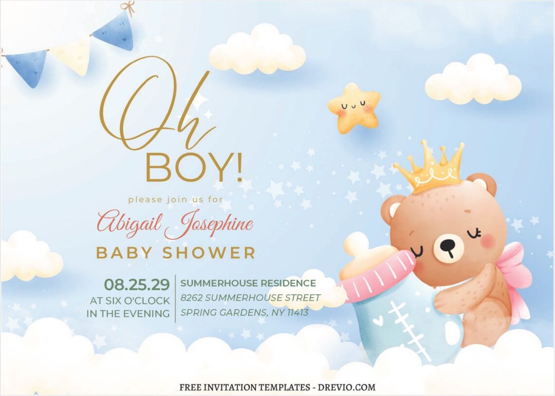 (Free Editable PDF) Cute Baby Bear's Journey Birthday Invitation Templates A