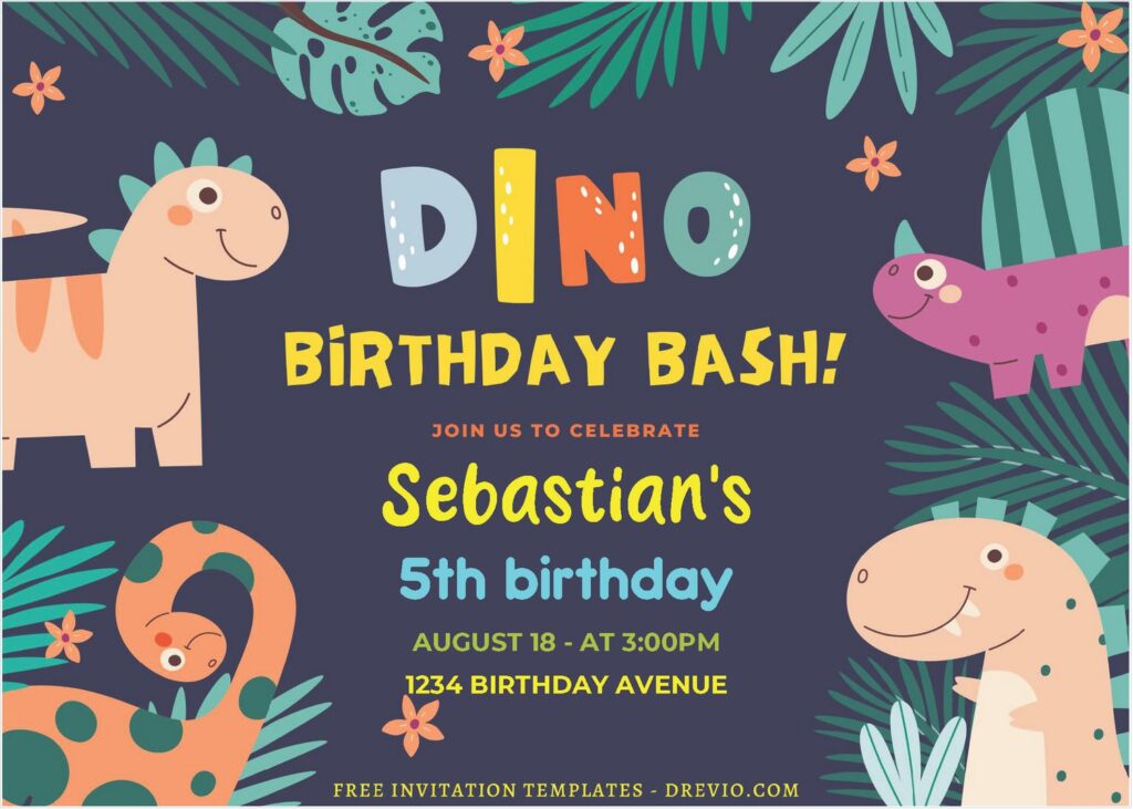 (Free Editable PDF) Colorful Dino Birthday Bash Invitation Templates J