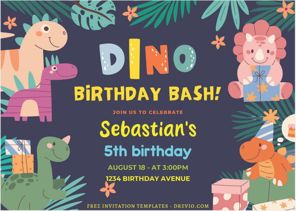 (Free Editable PDF) Colorful Dino Birthday Bash Invitation Templates A