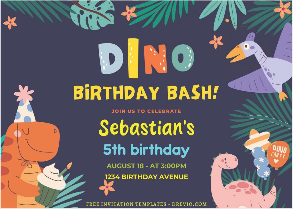 (Free Editable PDF) Colorful Dino Birthday Bash Invitation Templates B