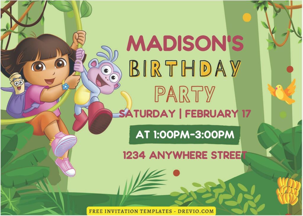 (Free Editable PDF) Dora Jungle Explorer Birthday Bash Invitation Templates I